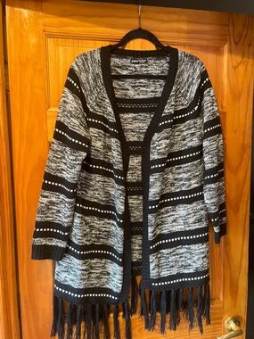 SHEIN Black & White Striped Fringe Open-Front Cardigan